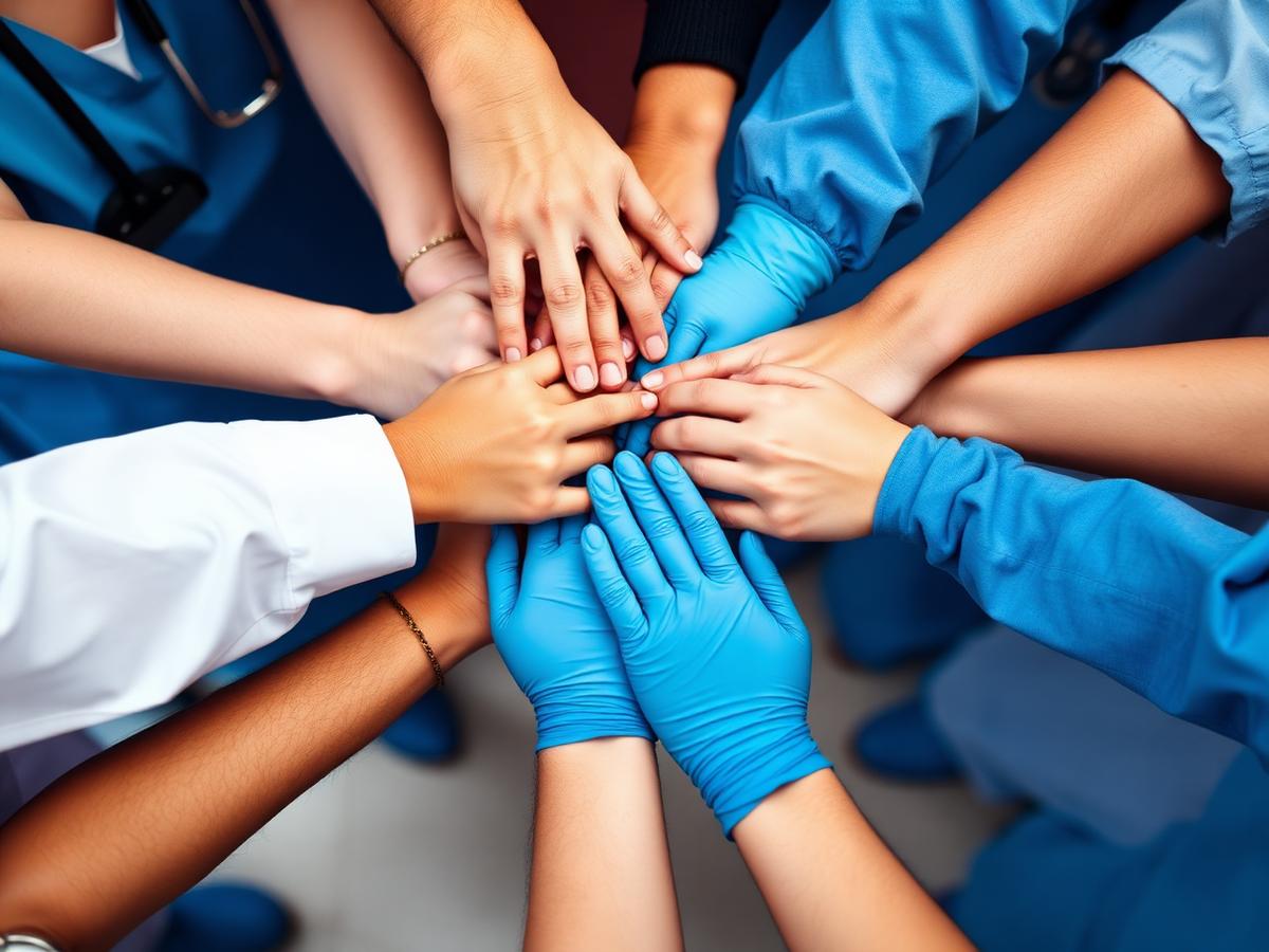 Mains de soignants réunies en signe d'unité