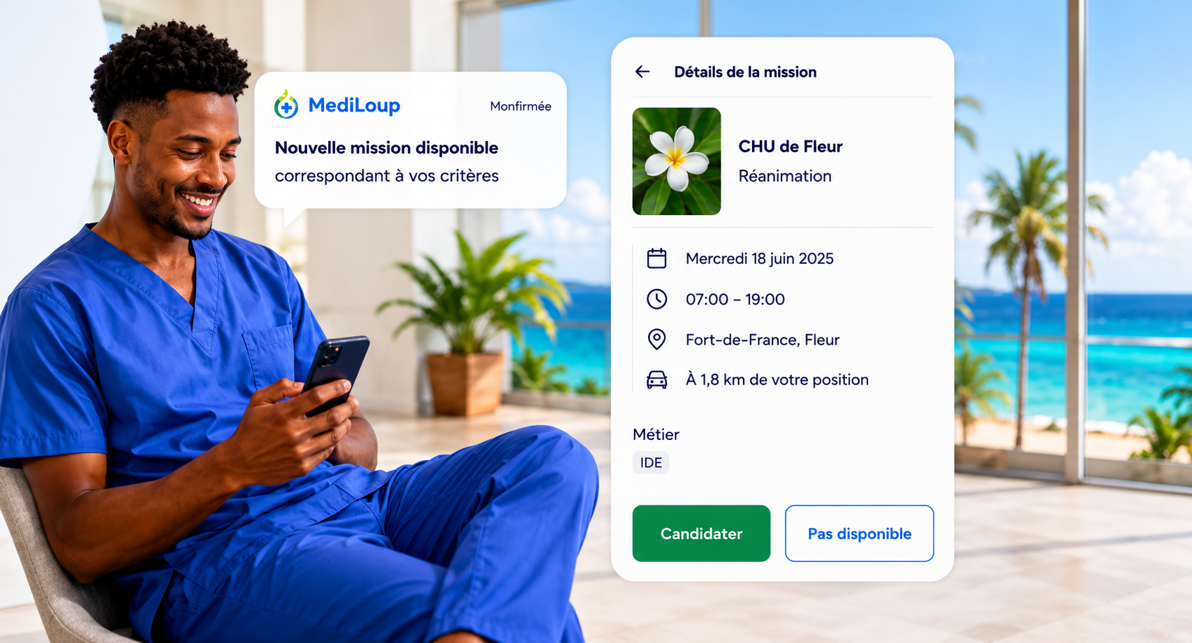 Soignant consultant une mission MediLoup sur smartphone avec les détails de la mission